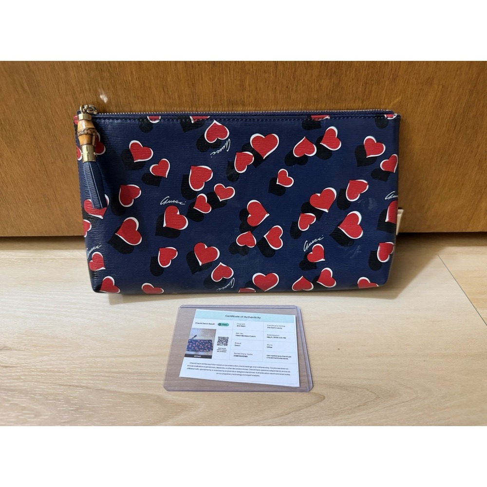 GUCCI Bamboo Tassel Cosmetic Pouch 338815 Navy Blue Leather Red Heart With COA